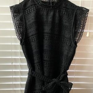 Black high neck flutter sleeve crochet lace blouse with waist tie